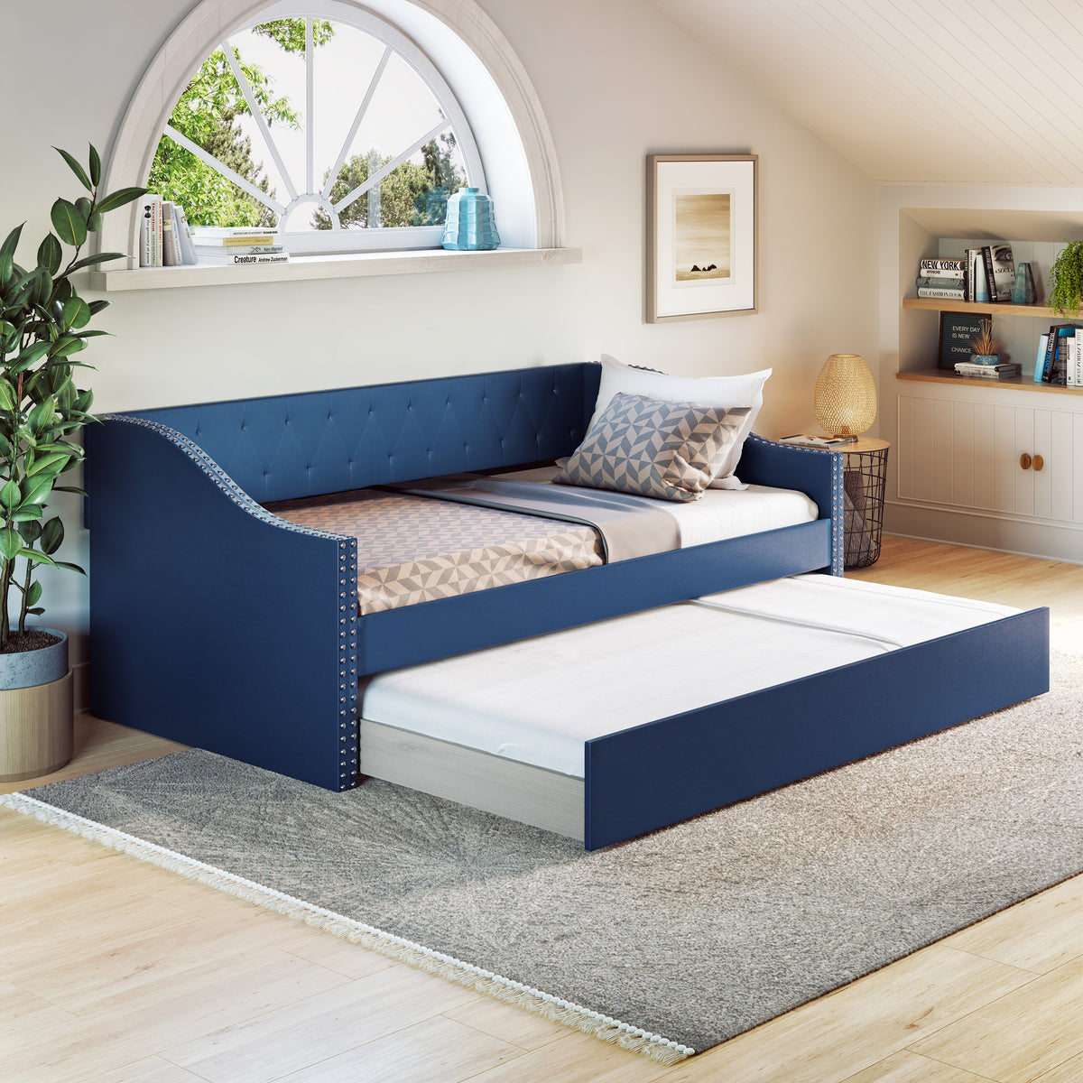 crown bed datype 青 Meridian Aiden Navy King Size Bed + Casegoods | Comfyco