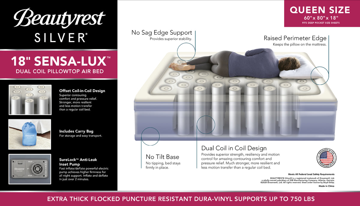 Beauty outlets rest silver 18” sensa-lux dual coiled air mattress